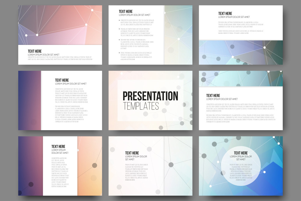 Set of 9 vector templates for presentation slides. Abstract colored background, triangle design illustration.